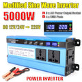 Blue 5000W modified sine wave power inverter with LCD display, 4 USB ports, 3 AC sockets, and battery connector cables.