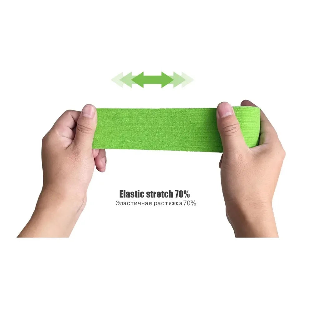 Hands stretching a piece of bright green kinesiology tape, with an arrow icon indicating 70% elasticity.