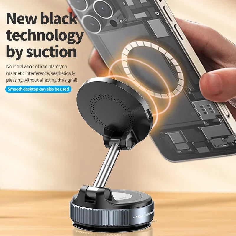 Black adjustable suction phone mount for desktop, featuring a metallic arm and sleek, modern circular design.