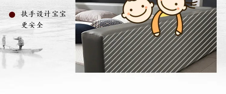 Modern double bed featuring a grey, padded, safety-focused design with protective side rails.