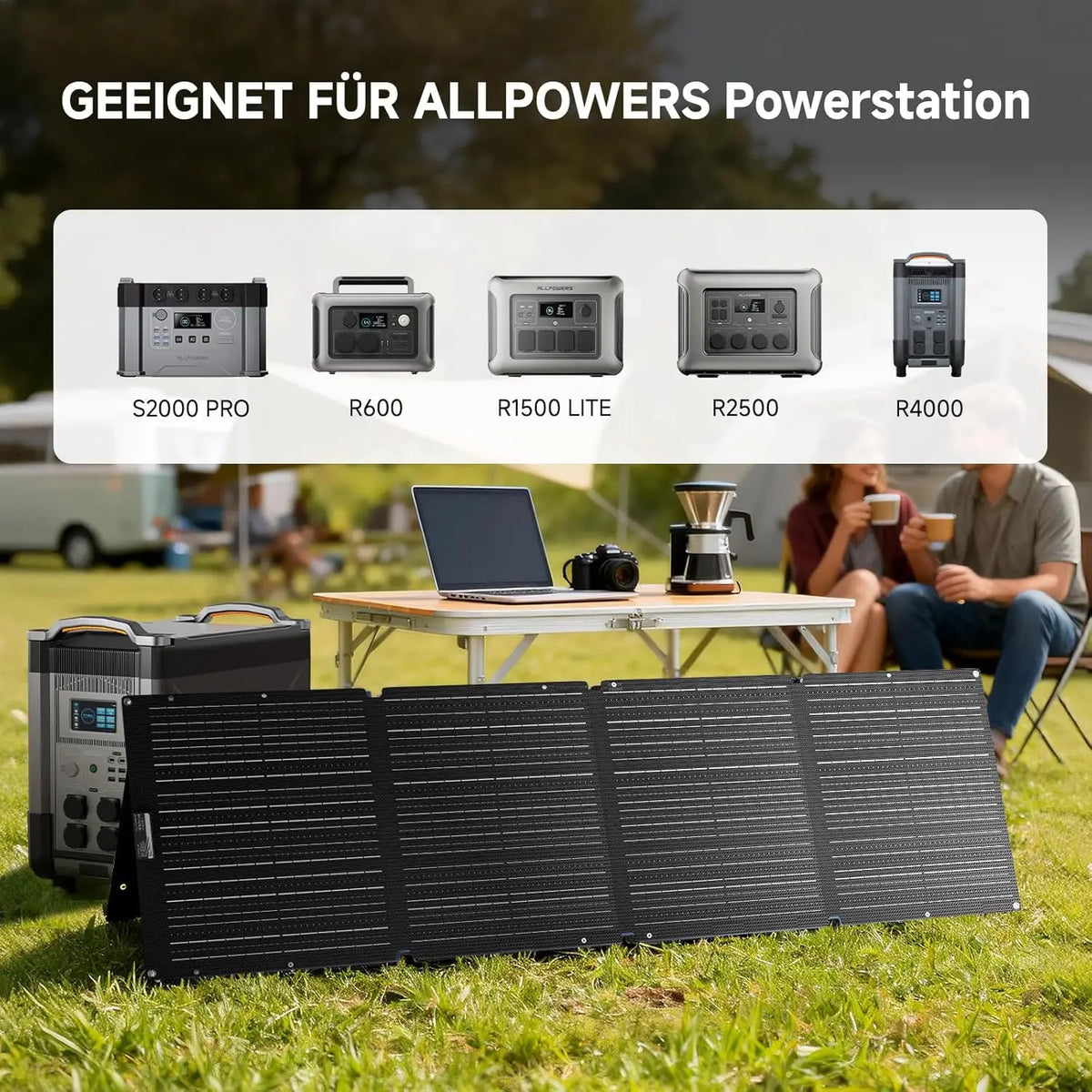 A portable solar panel set up on grass in front of an ALLPOWERS power station and a campsite table with a laptop.