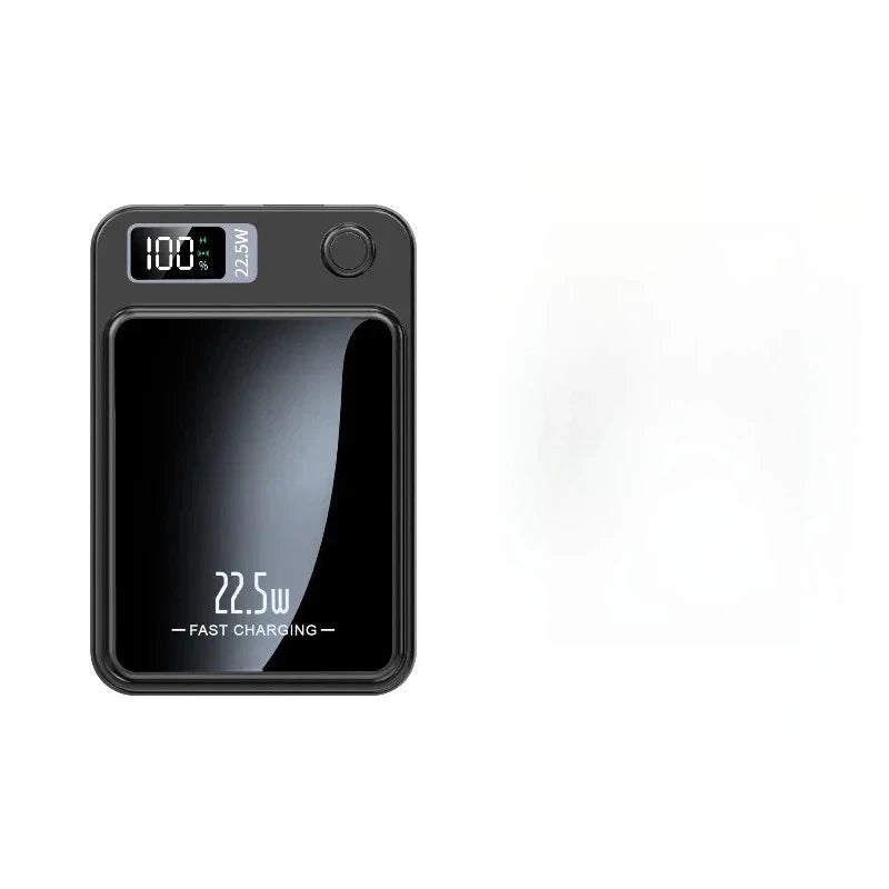 Black magnetic wireless power bank with a digital percentage display and 22.5W fast charging indicator.