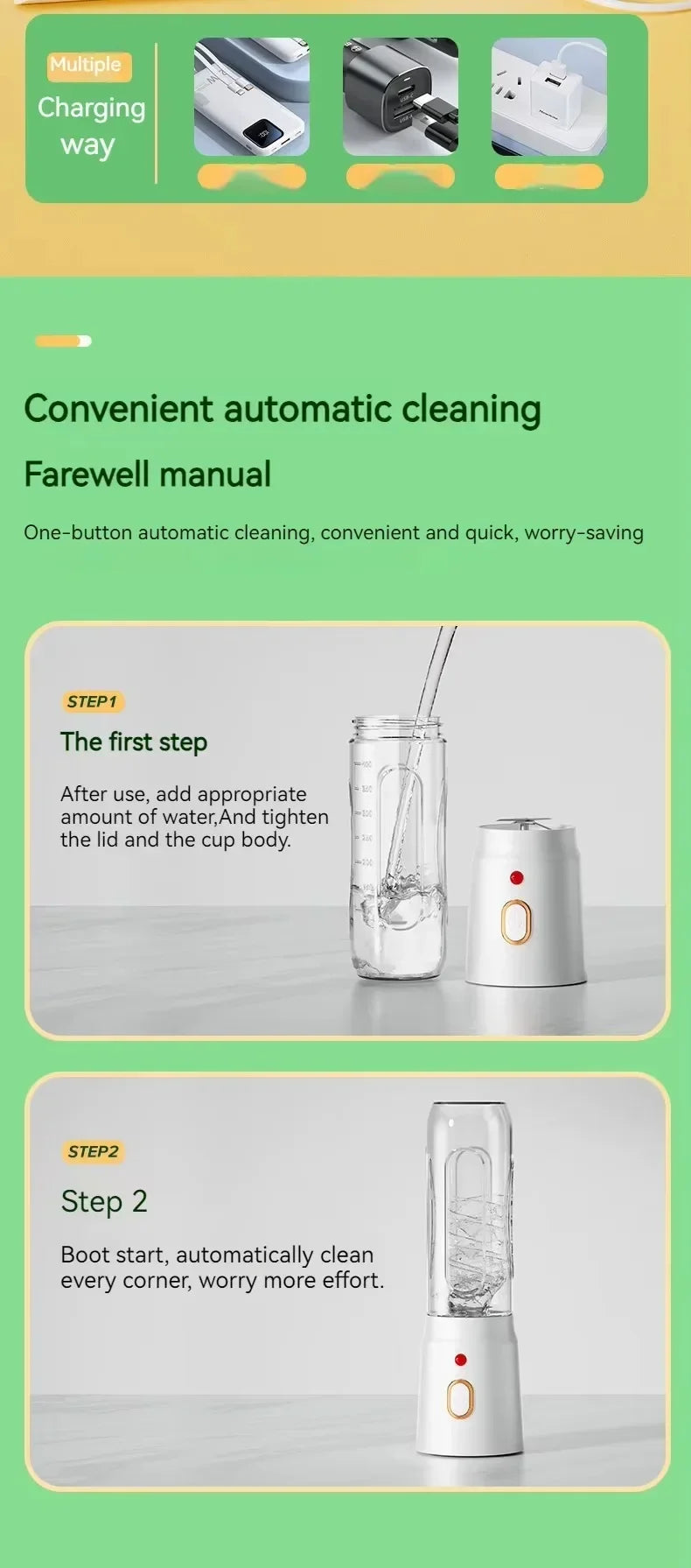 White portable electric blender with automatic self-cleaning feature, USB charging, and minimalist design.