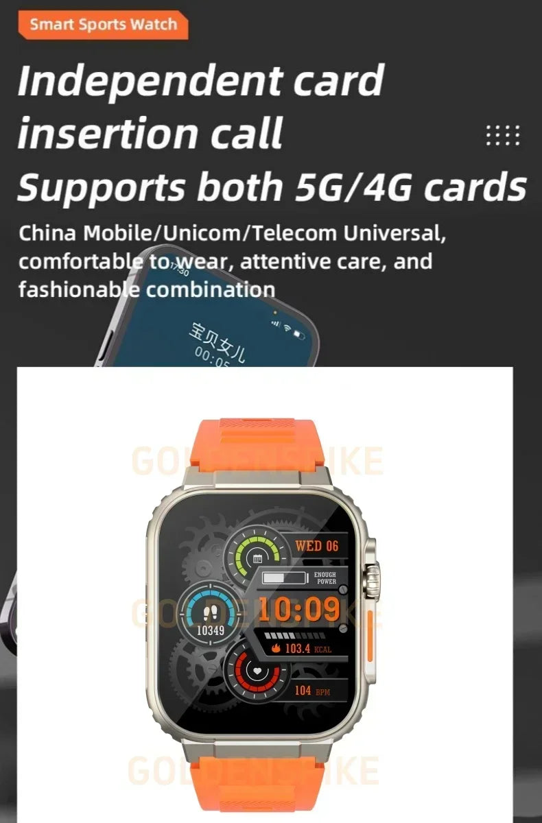 A sleek orange 4G Android smartwatch with a digital sports interface, metallic casing, and rotatable camera feature.