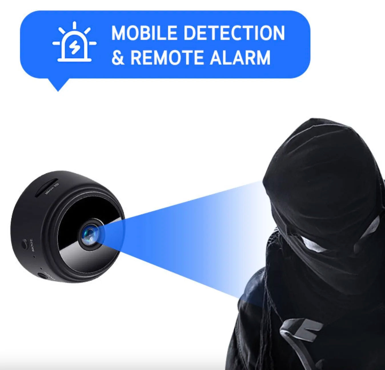 Small black plastic circular security camera with a microSD slot and motion detection feature.