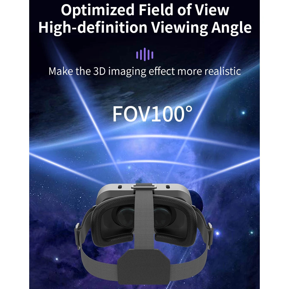 Grey VR headset with adjustable head straps and cushioned eyepiece, viewed from the rear against a space background.