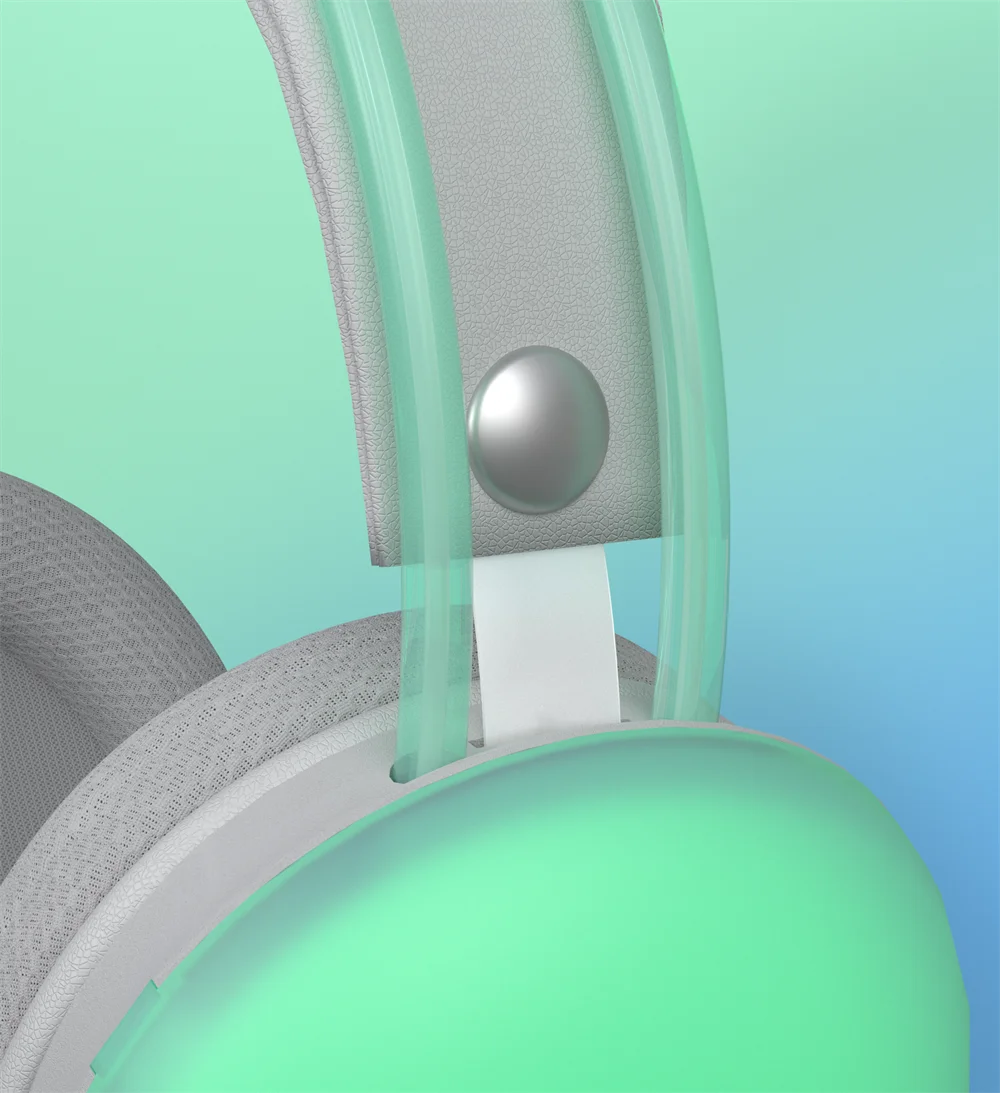 Close-up of a stylish mint green gaming headset with a textured grey headband and silver detailing.