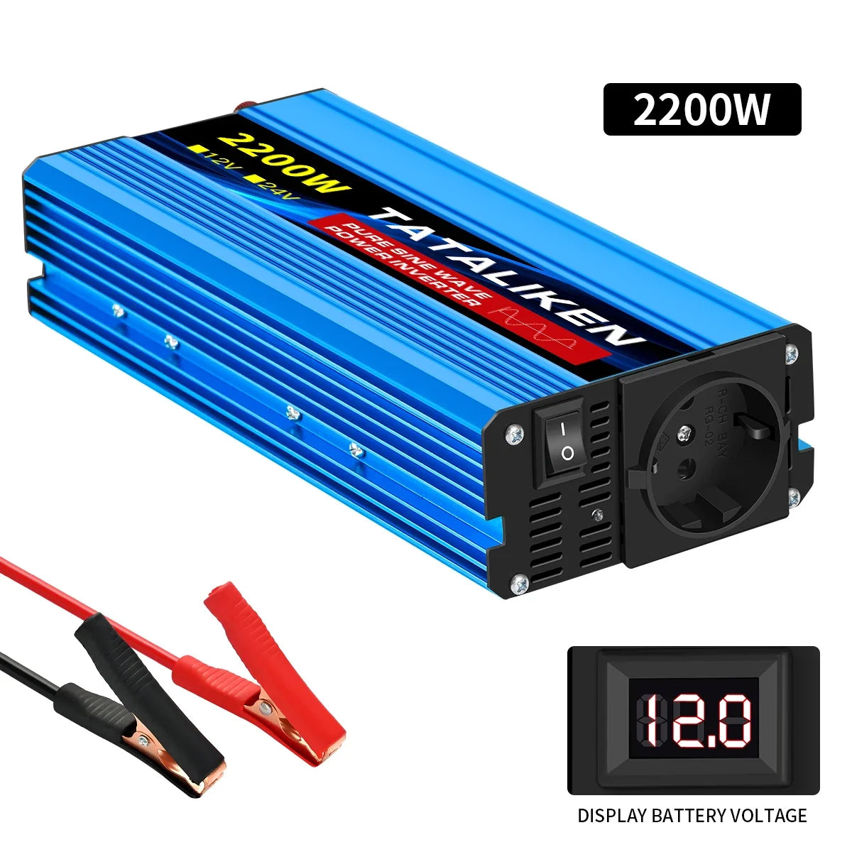 Blue 2200W pure sine wave power inverter with a UK plug socket, power switch, and included battery connector cables.
