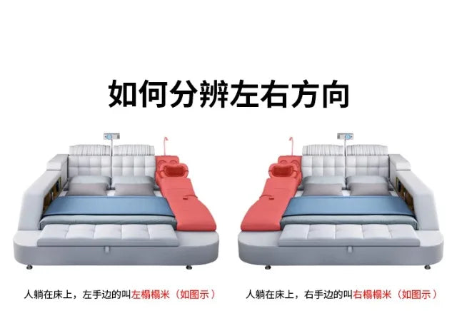 Two grey and red genuine leather bed frames with tufted headboards, showing left and right configurations.