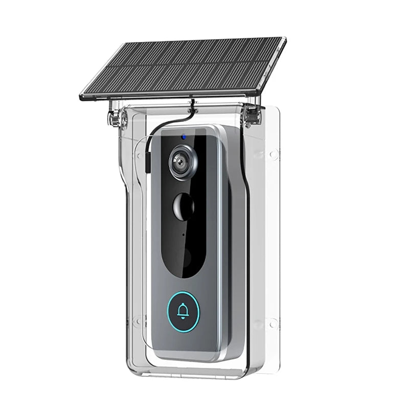 Smart Wi-Fi video doorbell in a clear protective case with an attached solar panel for continuous power.