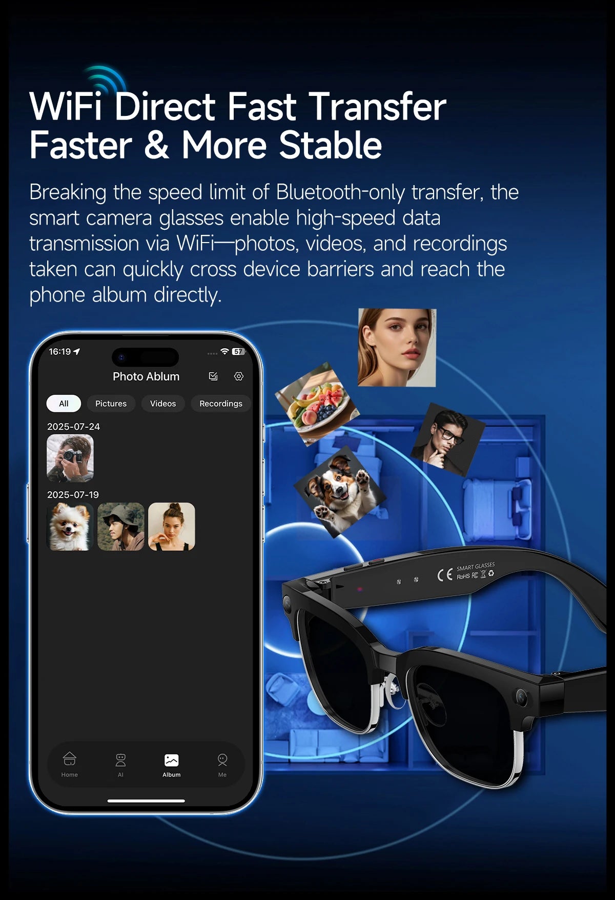 Black smart camera glasses shown next to a smartphone app interface demonstrating WiFi photo and video transfer.
