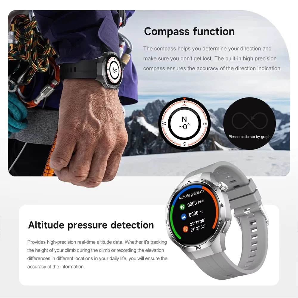 A rugged smartwatch with a silicone strap showing a compass and altitude pressure display for outdoor tracking.