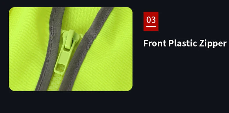Close-up of a high-visibility yellow utility vest featuring a durable front plastic zip fastening.