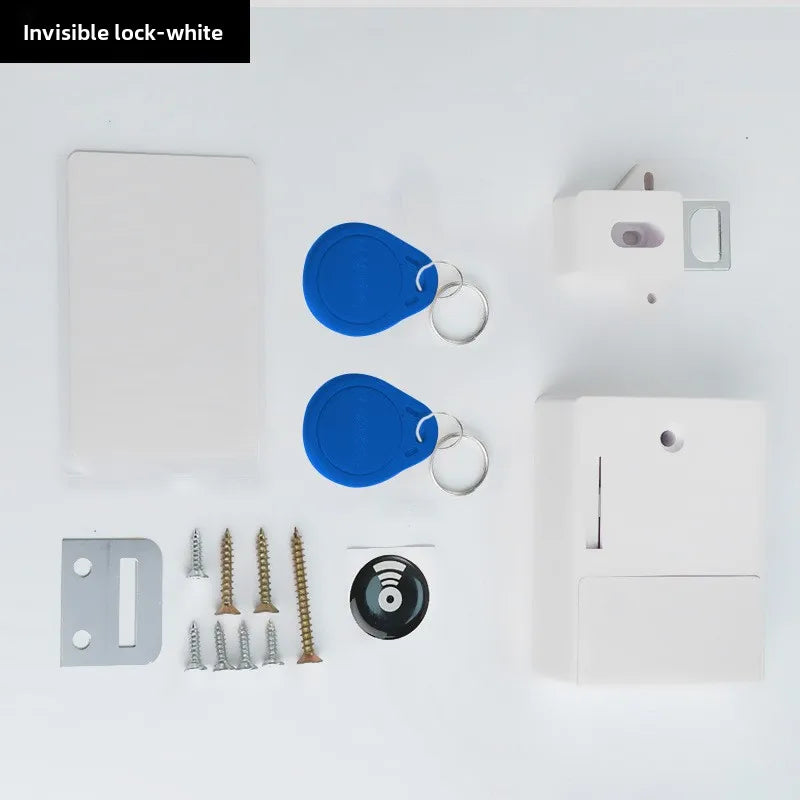 White plastic invisible cabinet lock kit with two blue RFID fobs, one card, screws, and metal striker plate.