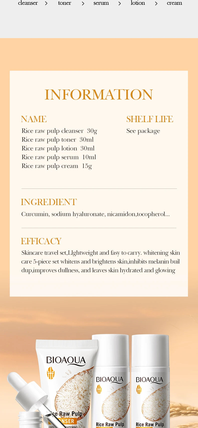 A five-piece rice-based brightening skincare travel set featuring a cleanser, toner, lotion, serum, and cream.
