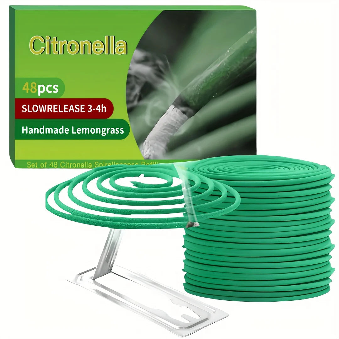 Pack of 48 green citronella lemongrass incense coils with a metal stand for slow-release burning.