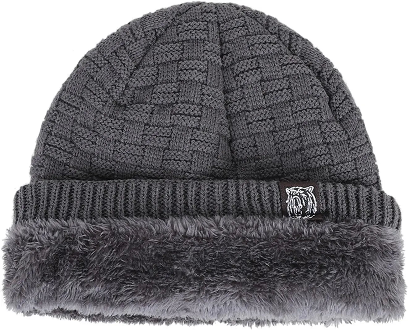 Grey knitted unisex beanie with a textured basket-weave pattern and a soft, plush faux-fur lining.