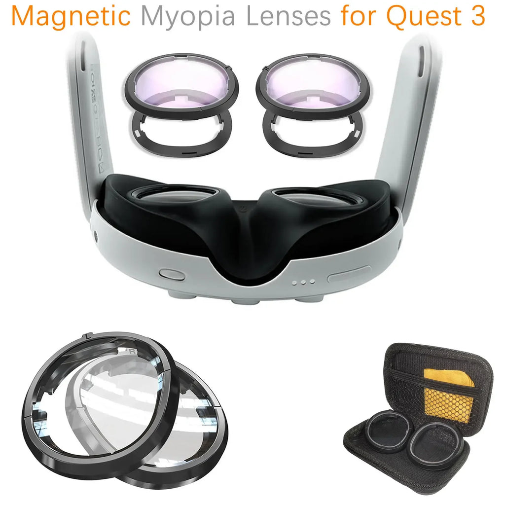 Black magnetic myopia lenses and frames for Quest 3 VR headset with a storage case.