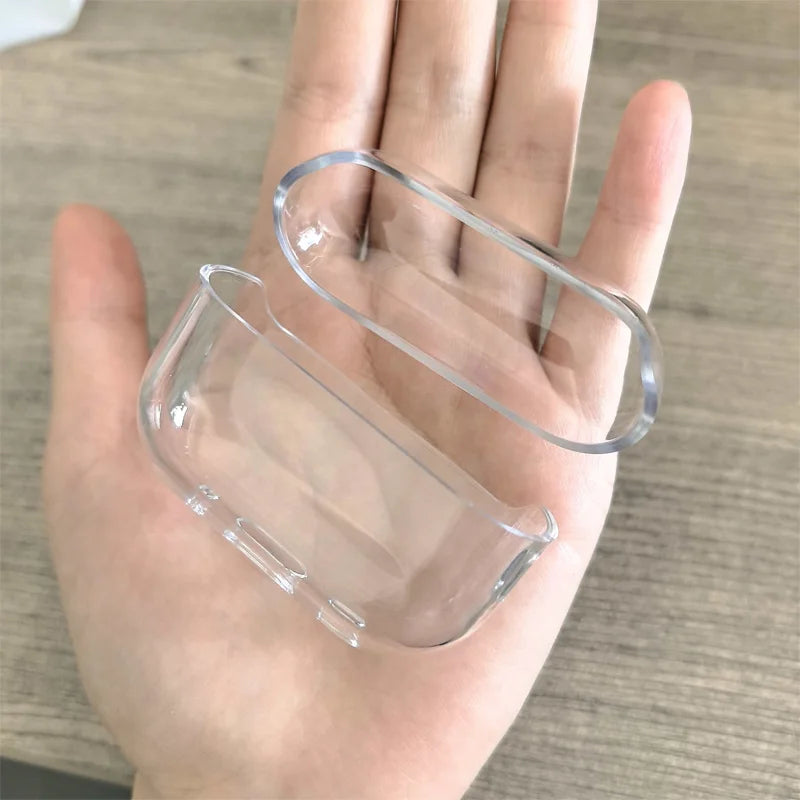 Clear plastic protective case for AirPods Pro held in an open palm.