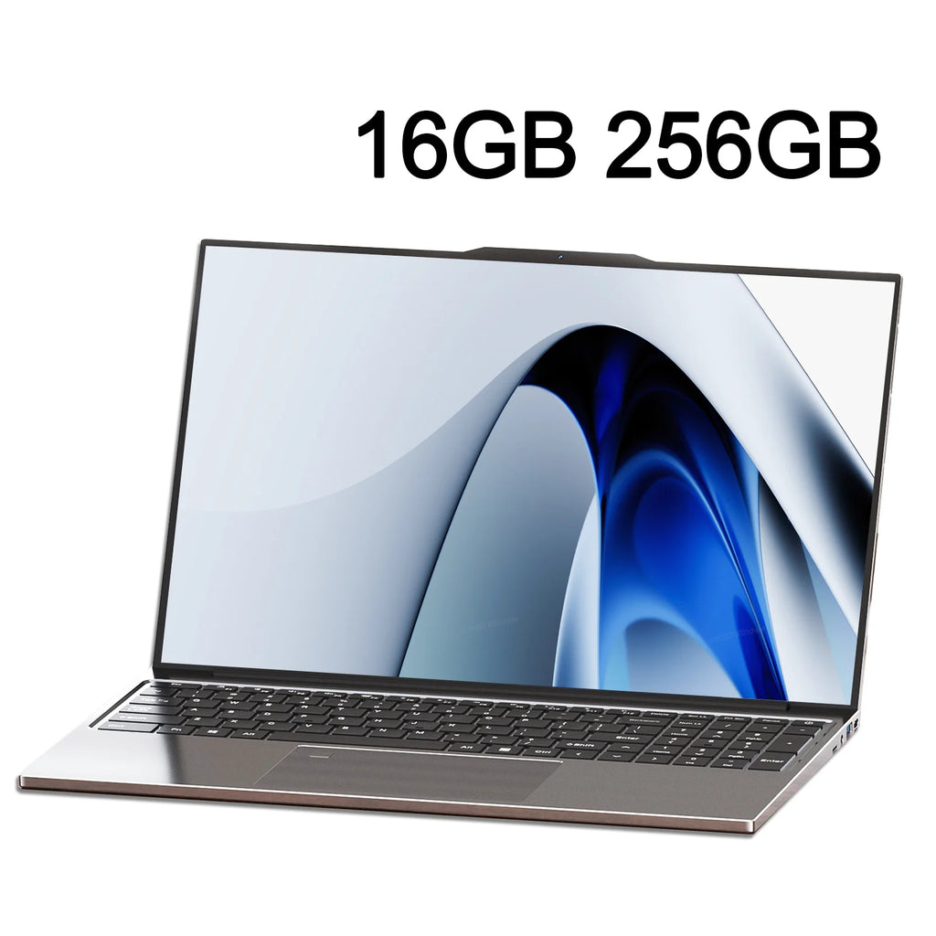 A sleek, slimline 15.6-inch laptop in dark grey, featuring a modern edge-to-edge display and a full-size keyboard.