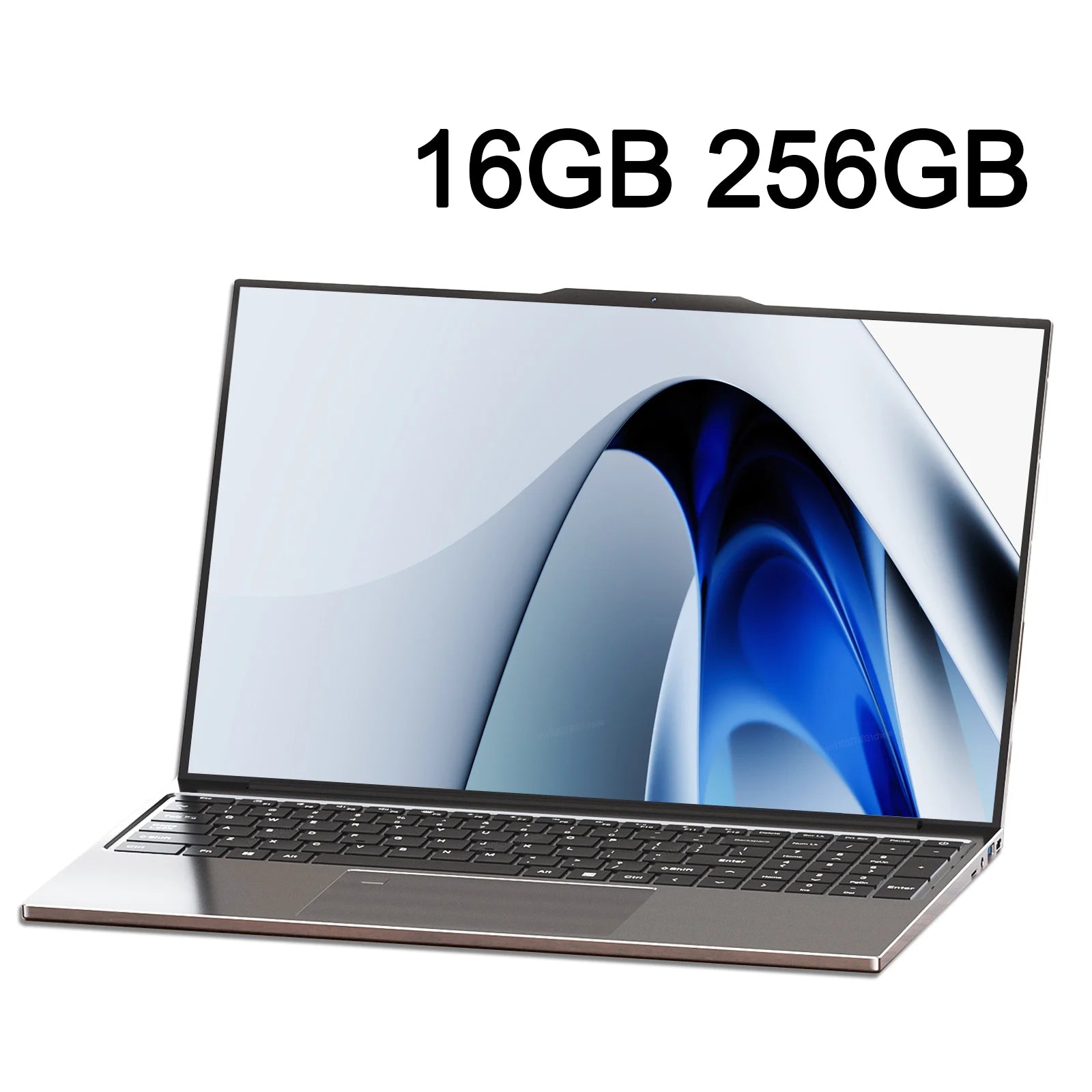 A sleek, slimline 15.6-inch laptop in dark grey, featuring a modern edge-to-edge display and a full-size keyboard.