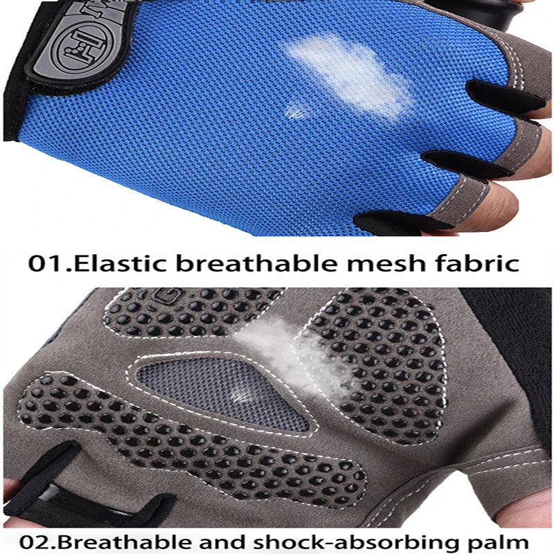 Blue fingerless cycling gloves with breathable mesh backs and grey, shock-absorbing, anti-slip grip palms.