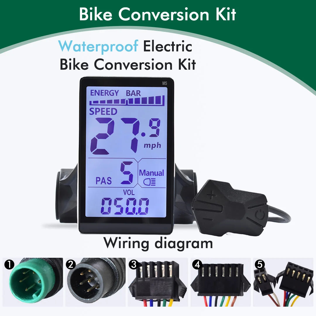 Black M5 electric bike LCD display with blue screen showing speed, energy bar, and a separate control pad.