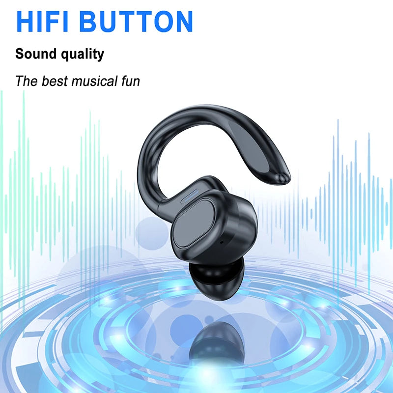 Sleek black wireless ear hook earphone with a minimalist design, set against a digital blue audio wave graphic.