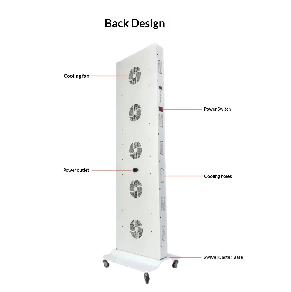 Back design of a tall white panel with cooling fans, power outlet, power switch, cooling holes, and a caster base.