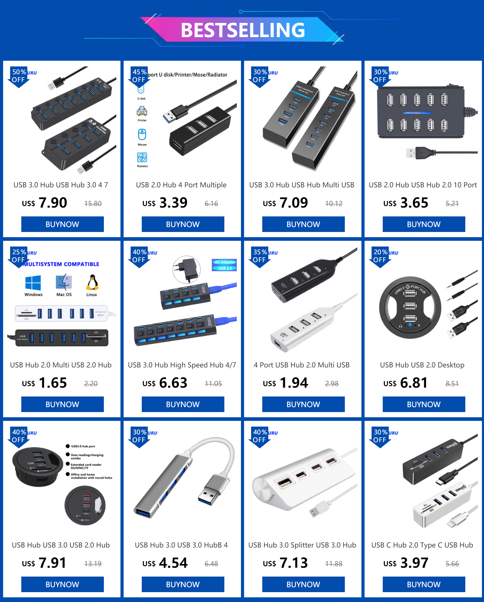 Black USB 3.0 multi-port hub featuring individual power switches and blue LED indicators for each connection.