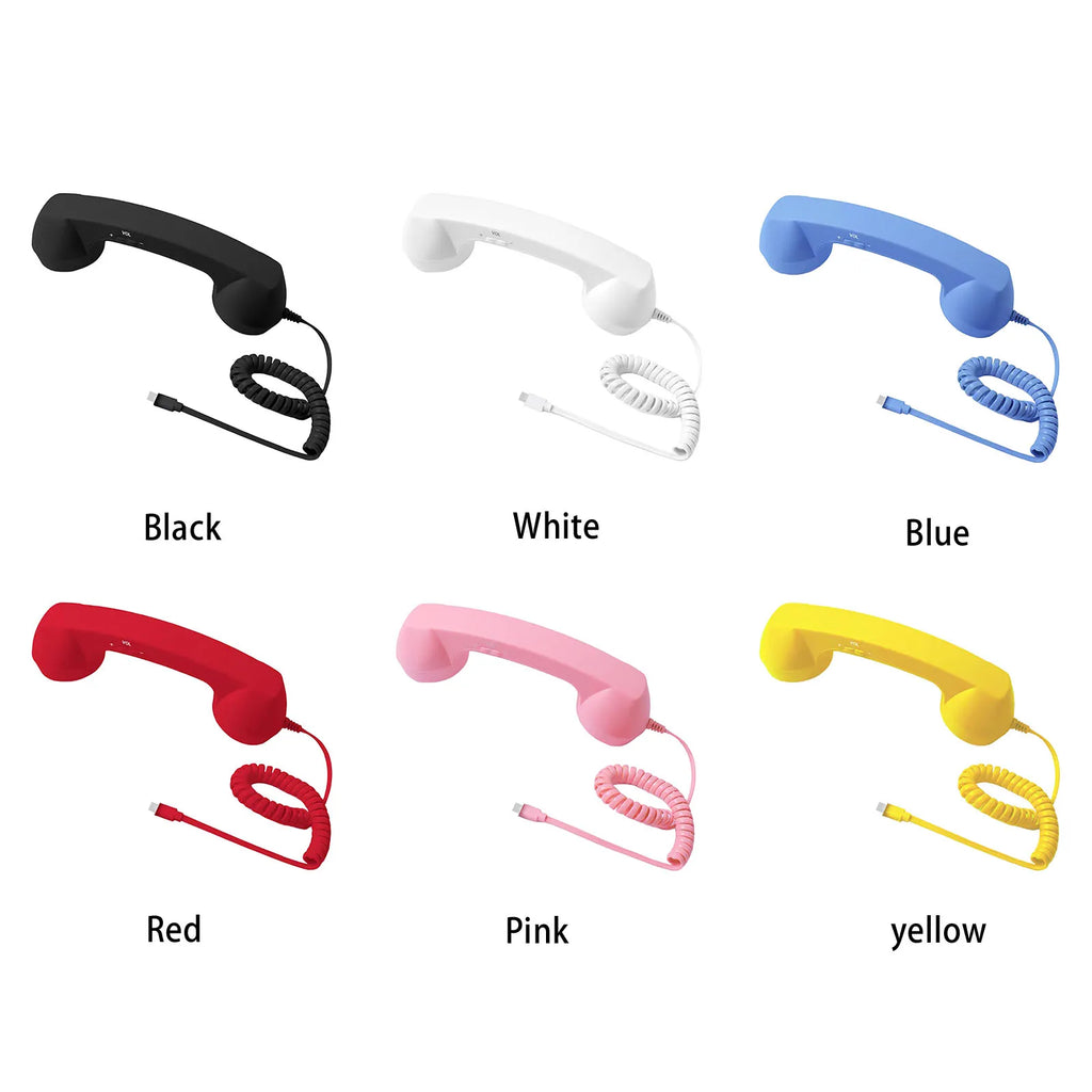 Retro-style telephone handsets with coiled cords, available in black, white, blue, red, pink, and yellow.
