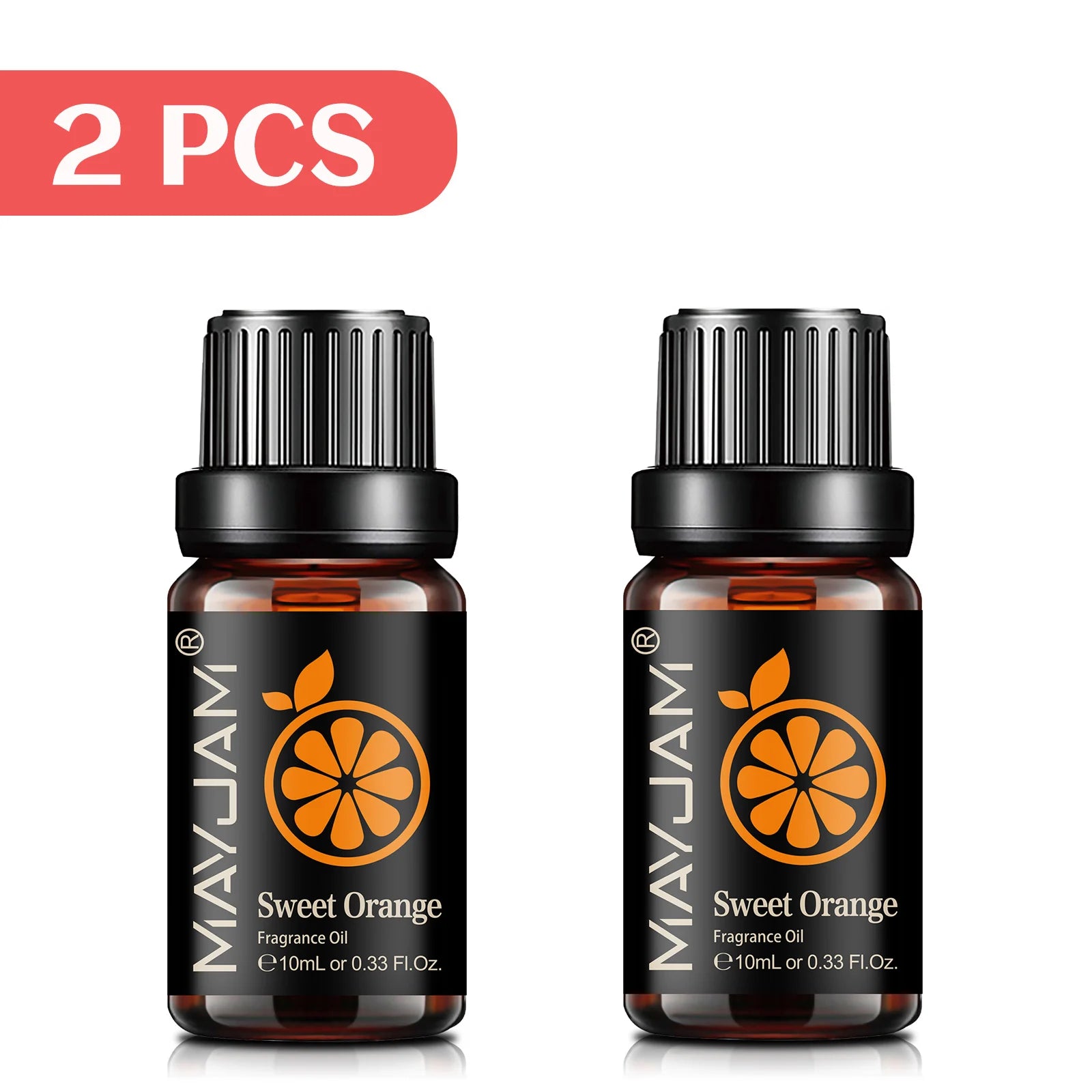 Two 10ml amber glass bottles of Sweet Orange fragrance oil with black dropper caps, presented as a 2-piece set.