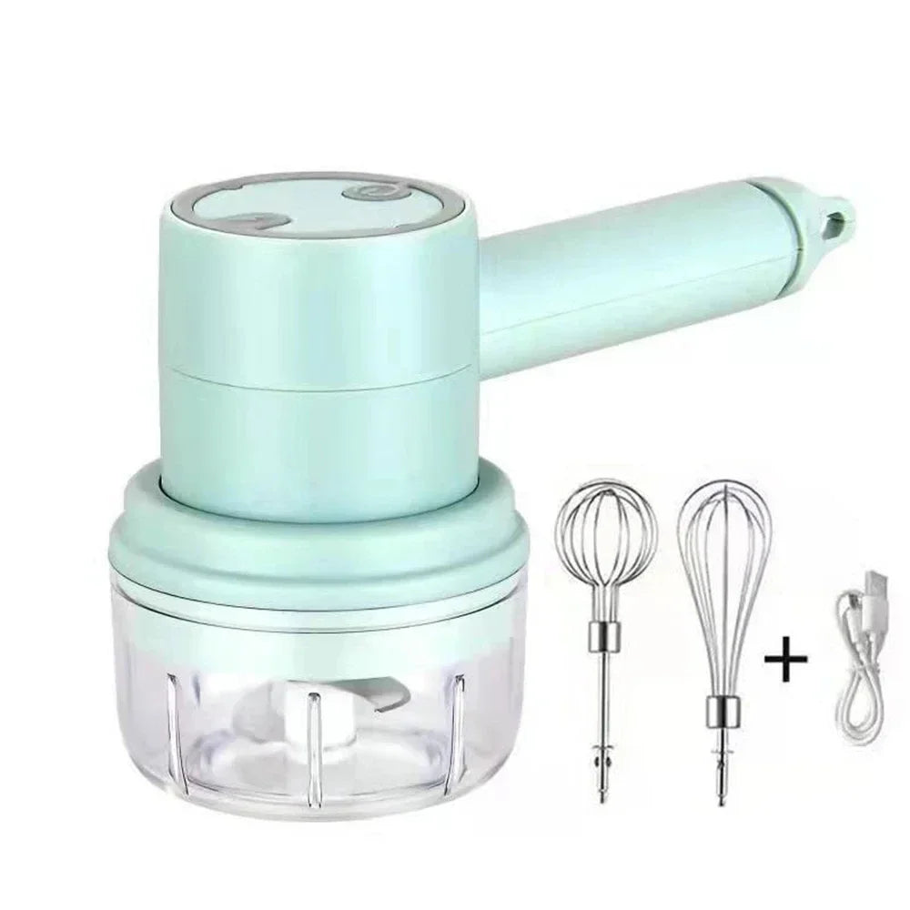 Light blue electric handheld food chopper with two whisk attachments and a USB charging cable.
