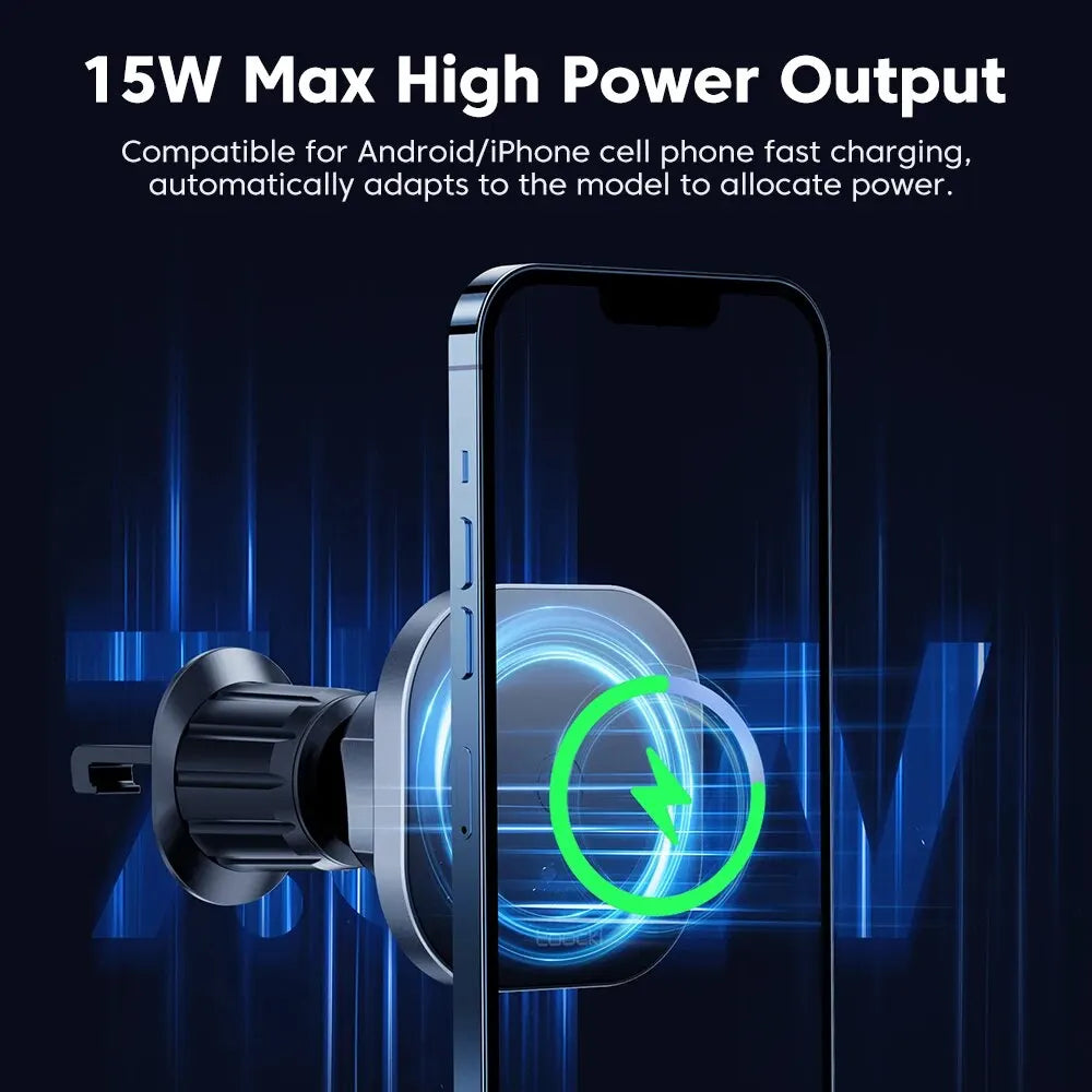A sleek, grey magnetic wireless car charger mounted to a vent, powering a smartphone with a glowing green ring icon.