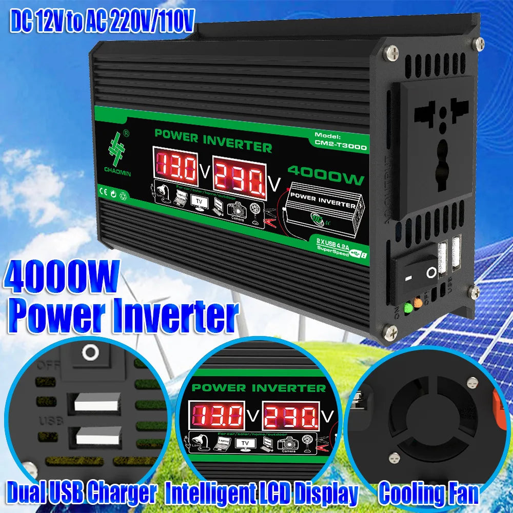 Black portable power inverter with green accents, LED digital display, AC outlet, cooling fan, and dual USB ports.