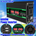 Black portable power inverter with green accents, LED digital display, AC outlet, cooling fan, and dual USB ports.
