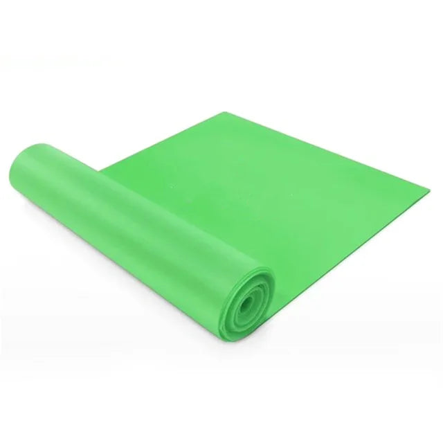 A bright green, flat rubber exercise resistance band, partially rolled up on a white background.