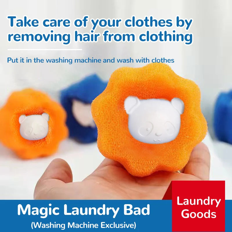 A hand holding an orange flower-shaped laundry sponge featuring a white, bear-faced centre piece for hair removal.