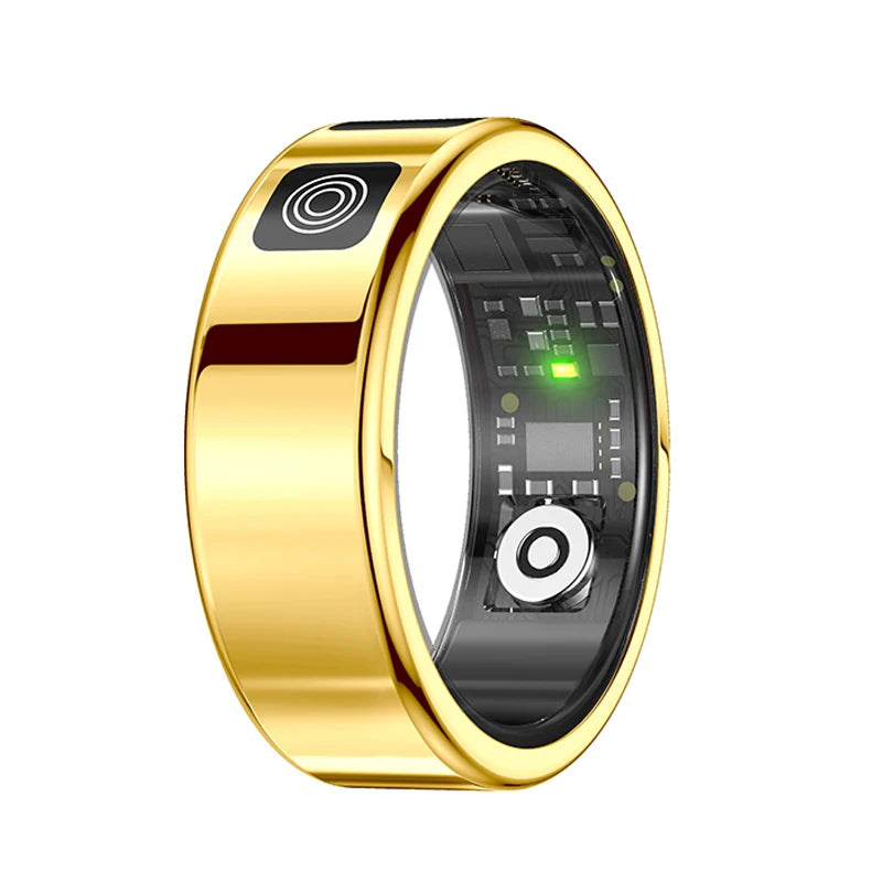 Sleek gold smart health tracker ring, showing inner circuitry, sensors and a small green LED light on a black interior.