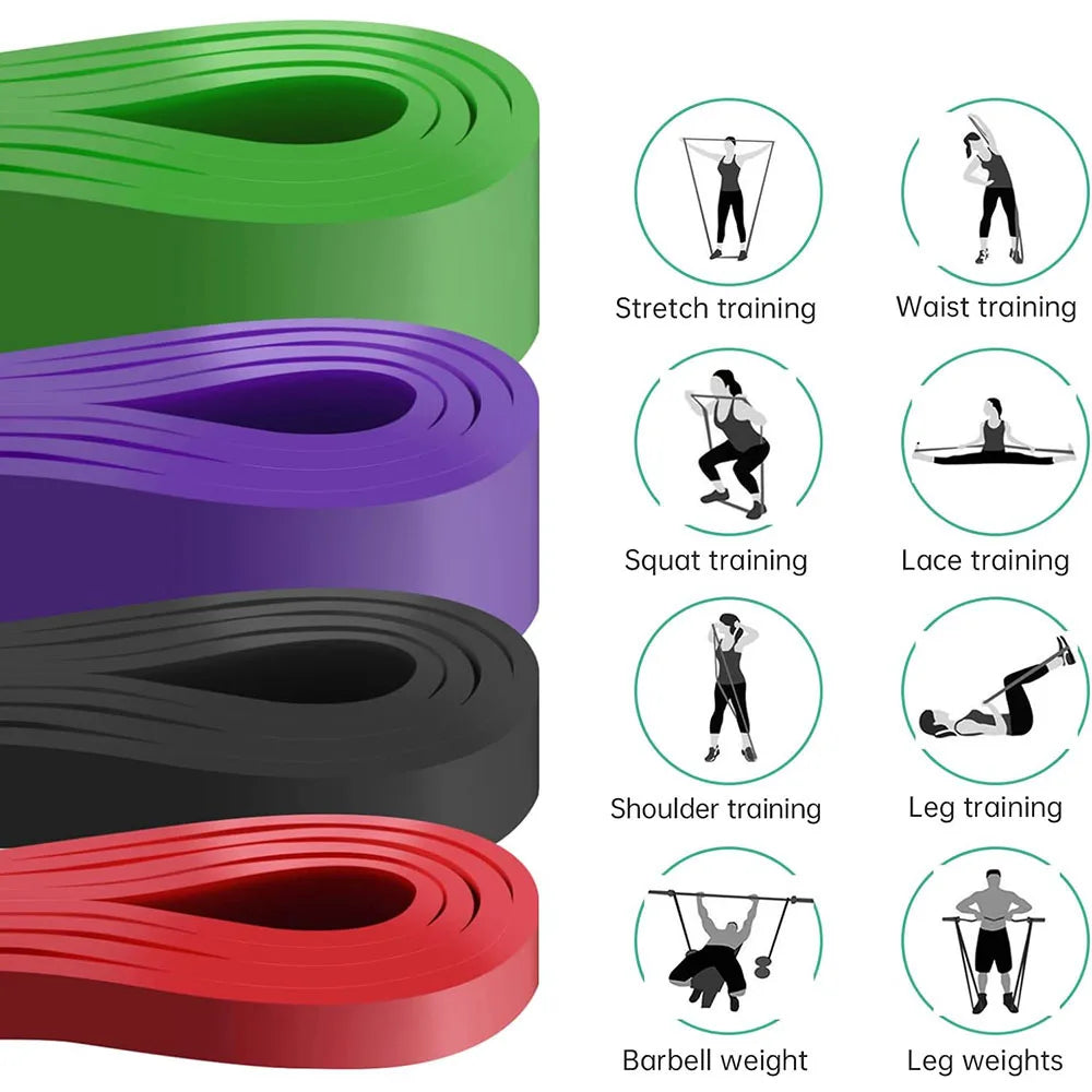 Green, purple, black, and red resistance bands, plus illustrations showing various exercise techniques.