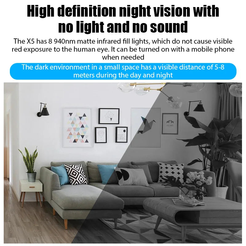 X5 small black plastic security camera for night vision monitoring in a living room.