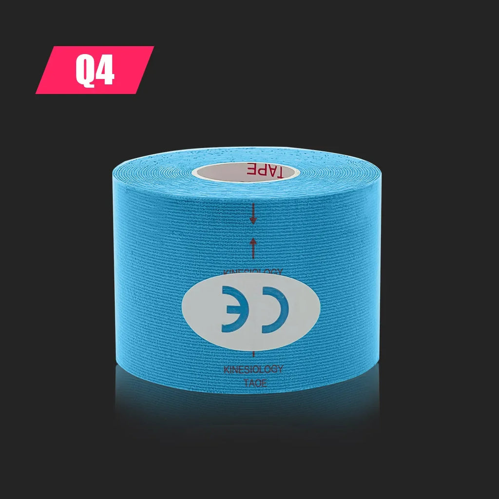 A roll of bright blue kinesiology tape with a central white CE logo, set against a dark background.