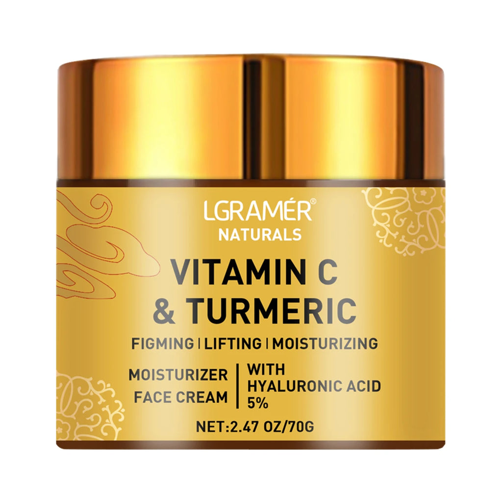 Gold jar of Vitamin C and Turmeric face cream, 70g, featuring hyaluronic acid for firming and moisturizing.