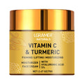 Gold jar of Vitamin C and Turmeric face cream, 70g, featuring hyaluronic acid for firming and moisturizing.