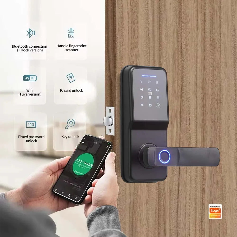Black electronic door lock with fingerprint scanner, digital keypad, card reader, and app-controlled connectivity.