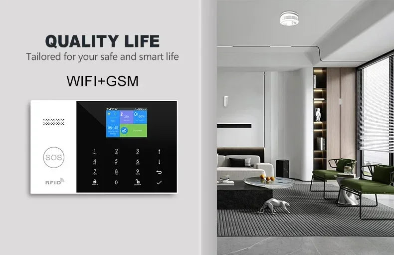 A sleek, black and white wireless smart home alarm panel with a digital display, SOS button and RFID capability.