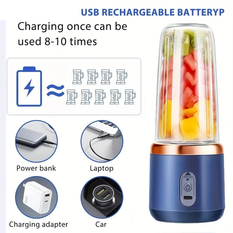 Portable USB-rechargeable blender with a dark blue base, gold trim, and clear cup filled with chopped fruit.