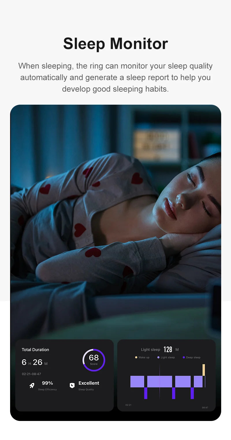 A person sleeping peacefully, with a digital overlay showing sleep duration, quality scores, and activity cycle charts.