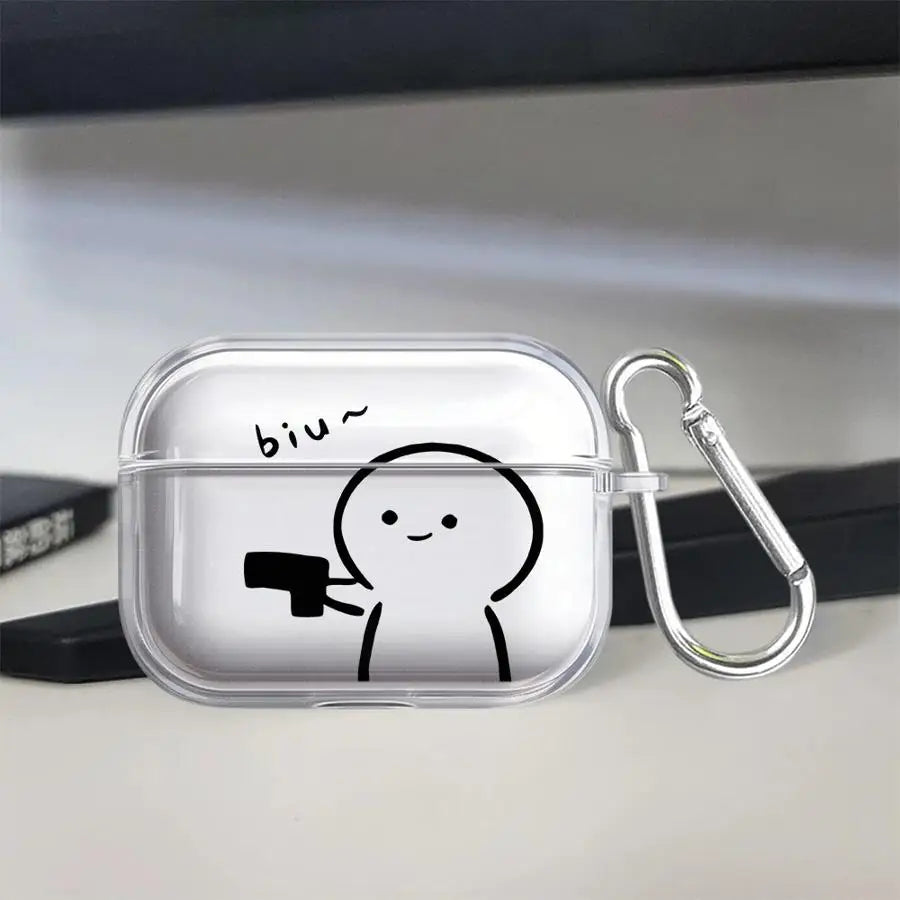 Clear protective case for AirPods Pro with cartoon character design and metal carabiner clip.