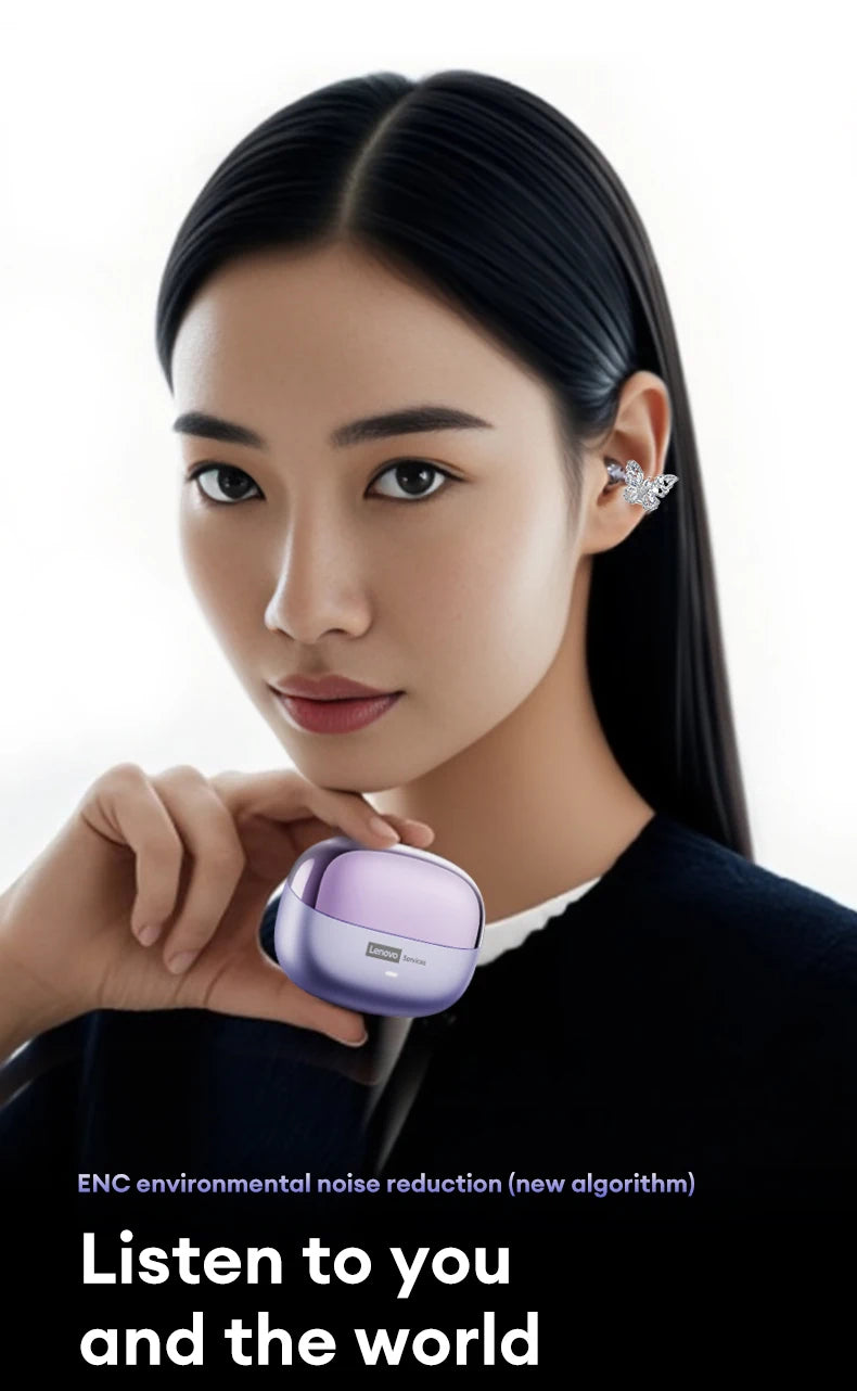 A woman holds a small, glossy, two-tone purple wireless earbud charging case.